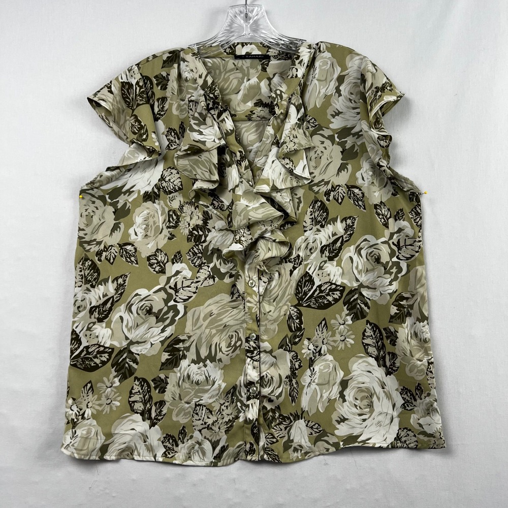 T Tahari Top Womens Green Floral Ruffle V-Neck Cap Sleeve Button Up Blouse Large